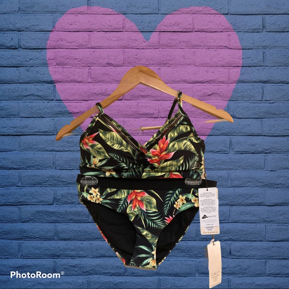 NWOT! CALIA by Carrie Underwood Tropical Print Bikini - Black and Green